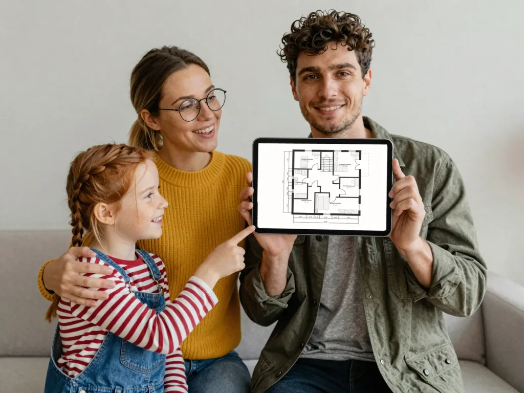 Eine junge Familie auf dem Sofa zeigt auf dem Tablet ihren Vorentwurf: im Wechsel Grundriss, das Haus zwischen den Nachbarhäusern ihrer Straße und das 3D-Modell