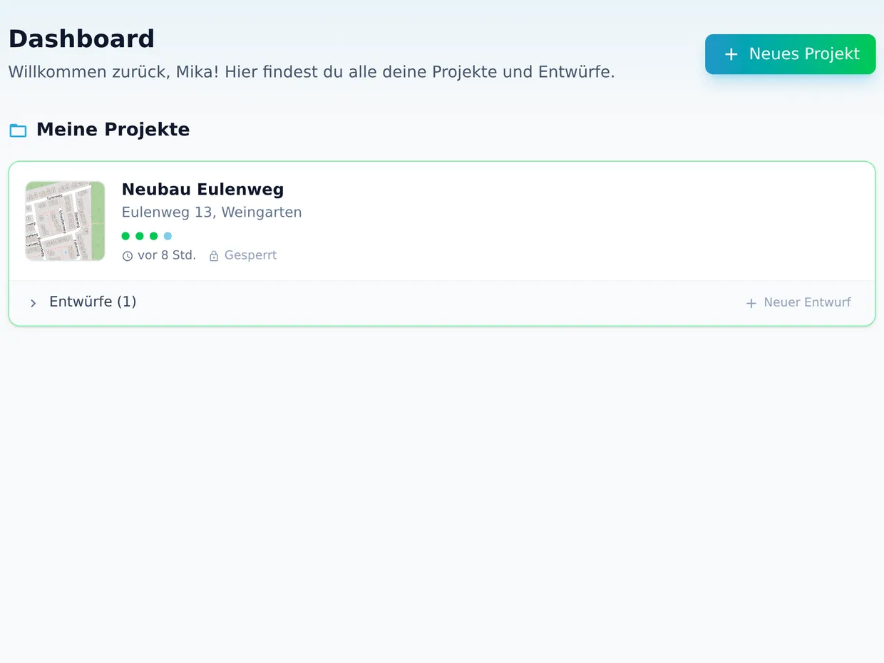 MinoSketch Dashboard mit Projekten