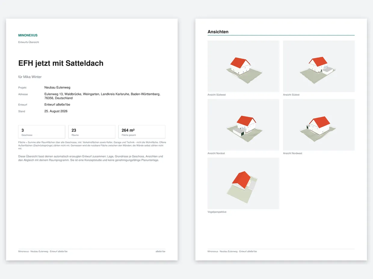 Die Entwurfs-Übersicht als PDF: Deckblatt mit Kennzahlen und Seite mit Ansichten