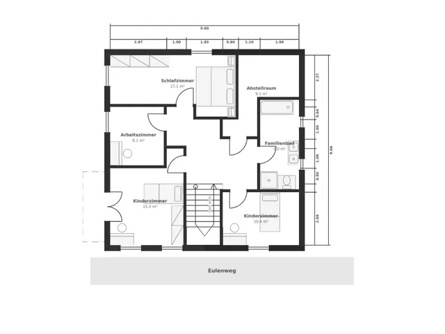 Generierter Grundriss mit Maßketten und Möblierung