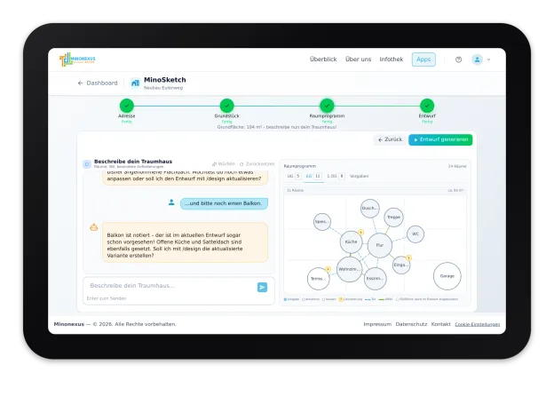 MinoSketch im Browser: links der Dialog mit dem Entwurfsassistenten, rechts das Raumprogramm als Blasendiagramm