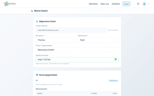 Die Seite Meine Daten mit den Allgemeinen Daten: E-Mail-Adresse, vollständiger Name, Firma und Telefonnummer.