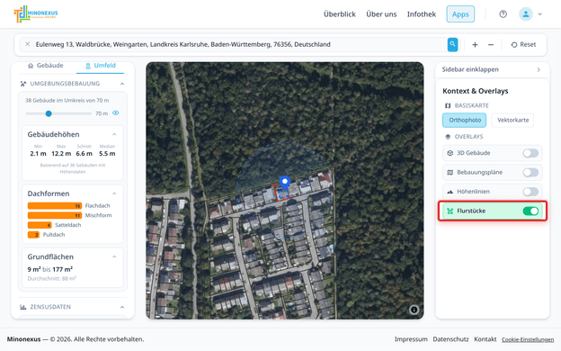 Orthophoto mit eingeblendeten Flurstücksgrenzen.