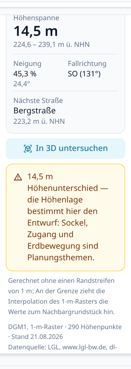 Der Abschnitt Gelände mit Höhenspanne, Neigung, Fallrichtung und dem Knopf In 3D untersuchen.
