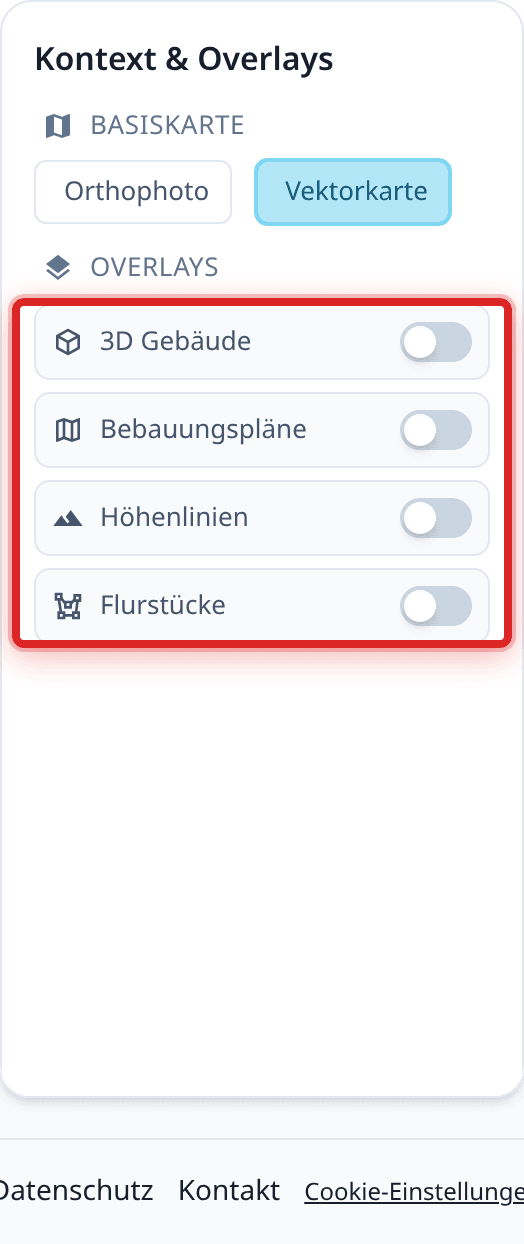 Die rechte Seitenleiste Kontext und Overlays mit Basiskarte-Auswahl und den vier Kartenebenen.