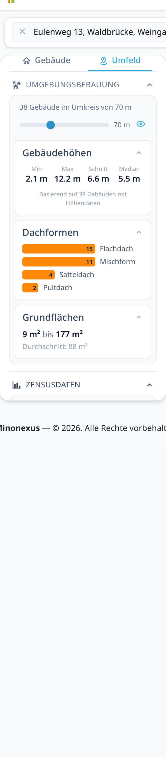 Der aufgeklappte Abschnitt Zensusdaten mit Kennzahlen wie Einwohner, Kaltmiete und Eigentümerquote.