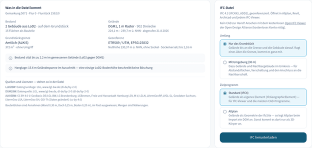 Schritt 3 in MinoSite: links Was in die Datei kommt mit Bestand, Gelände, Grundstücksgrenze, Georeferenz, zwei Hinweisen und den Quellen; rechts IFC-Datei mit den Auswahlen Umfang und Zielprogramm und dem Knopf IFC herunterladen.