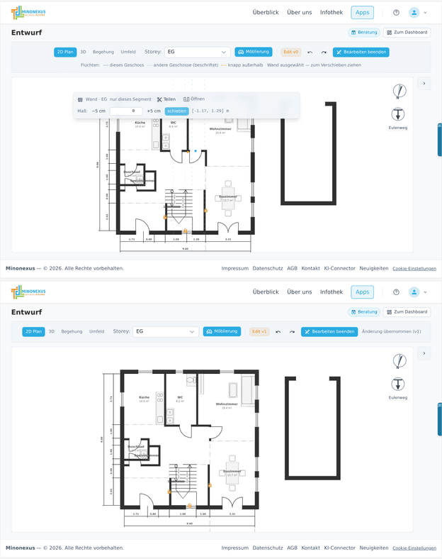 Vorher-Nachher: oben die gewählte Wand zwischen WC und Wohnzimmer mit der Leiste – ganze Wand oder Segment, Teilen, Öffnen, Maß und Spielraum –, unten dieselbe Wand verschoben, das WC um 1,4 Quadratmeter größer.