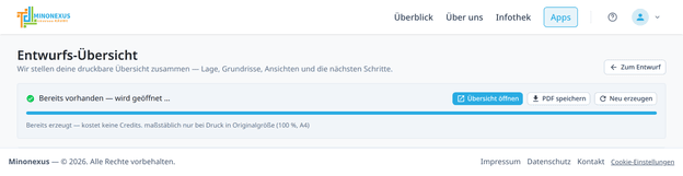 Die Seite Entwurfs-Übersicht mit den Knöpfen Übersicht öffnen und PDF speichern.