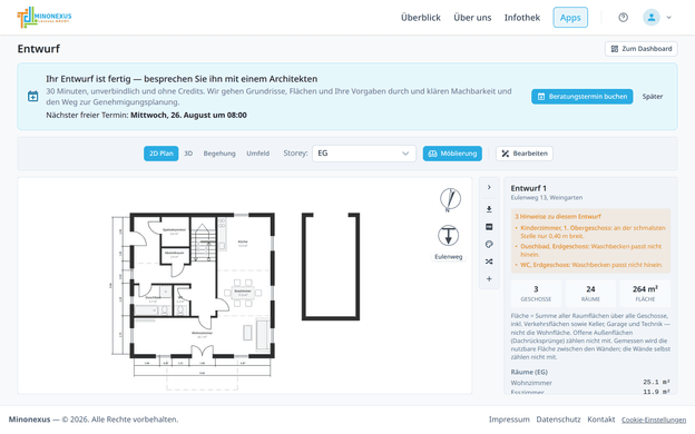 Die Entwurfsansicht mit dem 2D-Plan in der Mitte, dem Zugangspfeil zur Straße und der Info-Seitenleiste rechts.