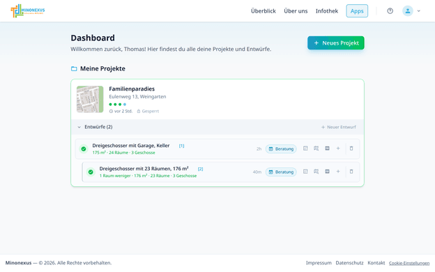 Die Entwurfsliste im Dashboard mit zwei Entwürfen; der zweite ist eingerückt und trägt als Unterzeile den Unterschied zum ersten.