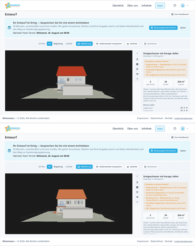 Derselbe Entwurf in zwei Stilen übereinander: oben klassisch mit schlichten Fenstern, unten mediterran mit Fensterläden und anderem Dachton. Baukörper und Grundriss sind identisch.