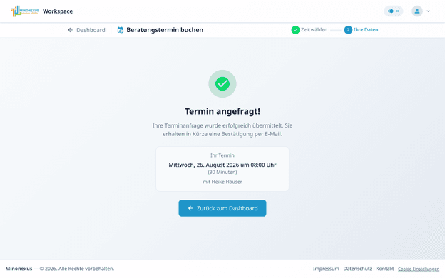 Die Bestätigungsseite Termin angefragt mit Datum, Uhrzeit und dem Namen des Architekten.