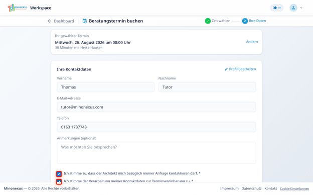 Schritt 2 der Terminbuchung: vorausgefüllte Kontaktdaten und die zwei rot hervorgehobenen Pflicht-Einwilligungen.