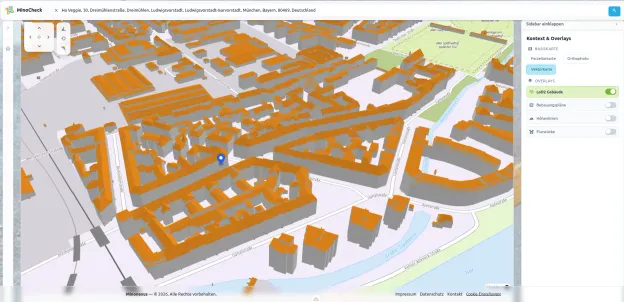 MinoCheck 3D-Stadtmodell mit LoD2-Gebäuden und detaillierten Dachformen