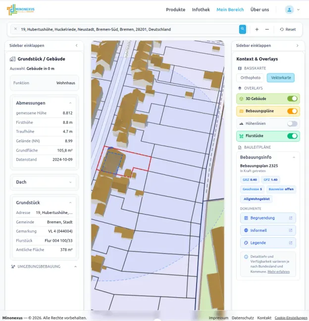 MinoCheck Standortanalyse mit Bebauungsplan-Overlay und 3D-Gebäudemodellen in Bremen