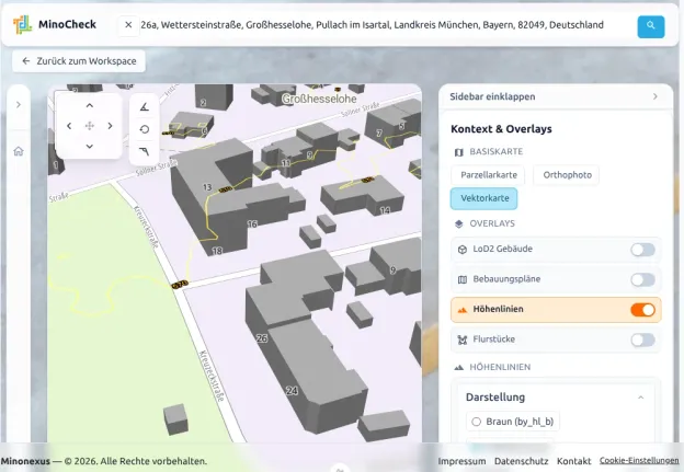 MinoCheck Höhenlinien-Overlay auf Vektorkarte