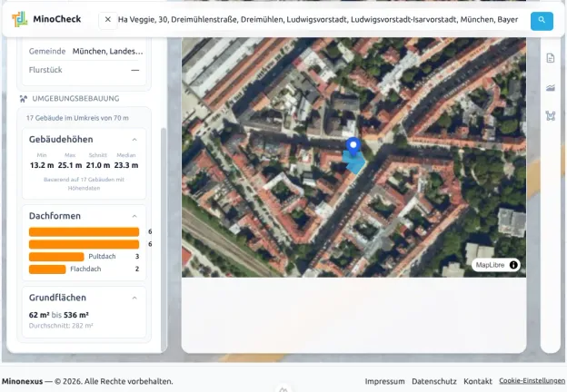 MinoCheck Umgebungsbebauung-Statistik mit Gebäudehöhen und Dachformen