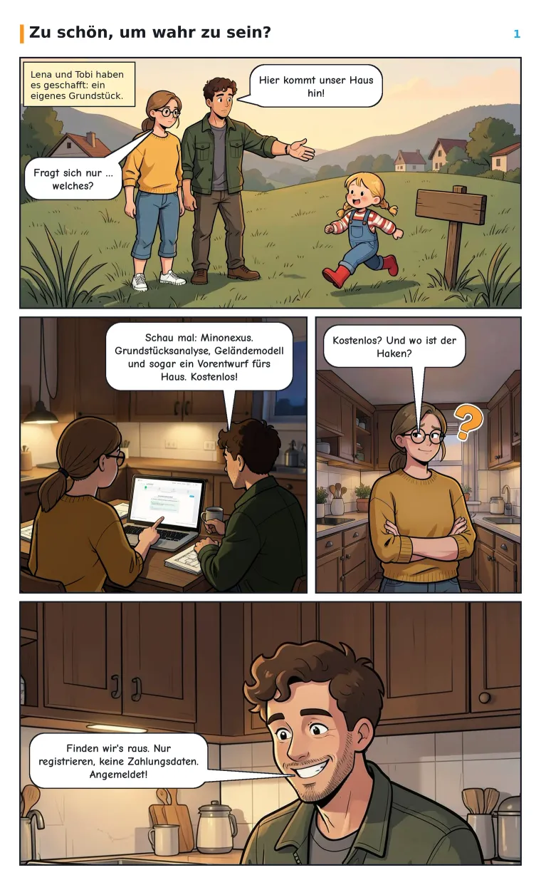 Comic Seite 1: Lena und Tobi auf ihrem neuen Grundstück, abends am Küchentisch entdecken sie Minonexus. Lena fragt: Kostenlos? Und wo ist der Haken?